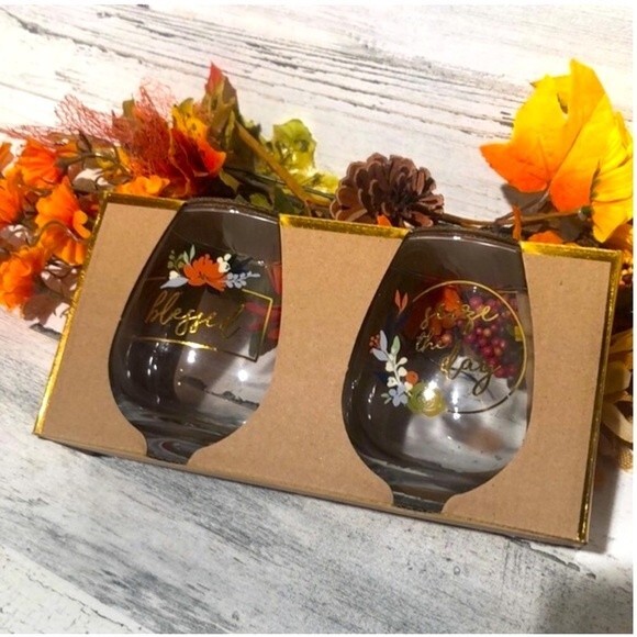 Other - Blessed Seize The Day Painted Wine Glass Set Stemless Gold Painted Floral 16 oz